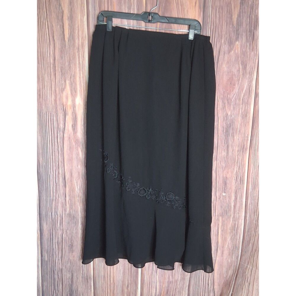 Plaza black midi skirt sheer chiffon floral embroidery detail size 22